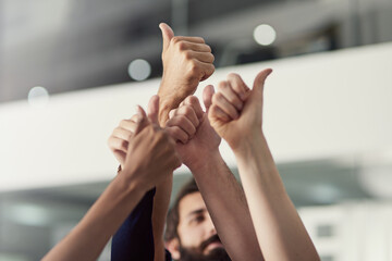 Thumbs up, hands and people together in office for collaboration or teamwork with success or yes...