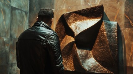 A man in a leather jacket leans against a wall back to the camera as admires a large abstract sculpture. The dim lighting and . . - obrazy, fototapety, plakaty
