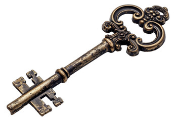 Ornate antique key with intricate design isolated on transparent background