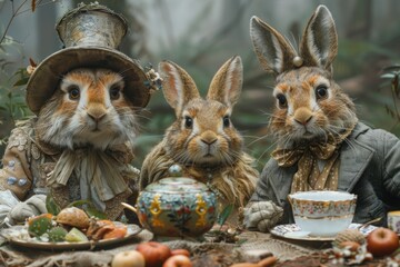 Whimsical tea party scene with Alice, the Mad Hatter, and the March Hare, showcasing the eccentricity and surrealism of Wonderland. 