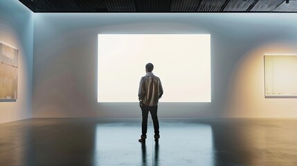 Photo of man in modern gallery looking at the empty canvas Blank mockup motion blur : Generative AI