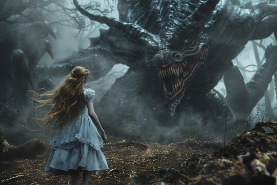Alice facing off against the fearsome Jabberwocky in a surreal and fantastical battle scene, conveying the tension and danger of the encounter. 