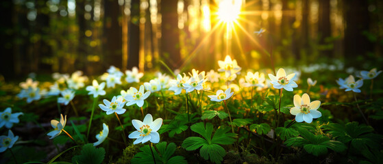 Spring banner with beautiful sunny woodland glade with blooming white anemone flowers in spring. Wallpaper, backdrop. Generative AI