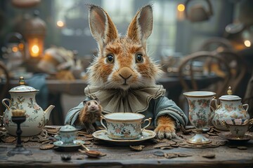 Mad Hatter, March Hare, and Dormouse hosting a tea party at their eccentric table, with cups and saucers suspended mid-air, capturing the whimsy and surrealism of the scene. - obrazy, fototapety, plakaty