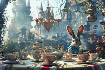 Mad Hatter, March Hare, and Dormouse hosting a tea party at their eccentric table, with cups and saucers suspended mid-air, capturing the whimsy and surrealism of the scene.