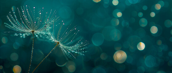 Beautiful banner with glistening dew on dandelion seeds against a Teal bokeh background. Generative AI - obrazy, fototapety, plakaty