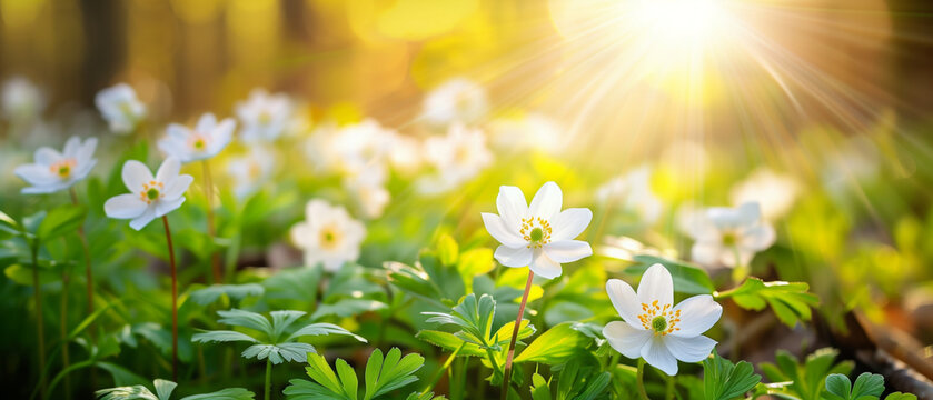 Spring banner with beautiful sunny woodland glade with blooming white anemone flowers in spring. Wallpaper, backdrop. Generative AI