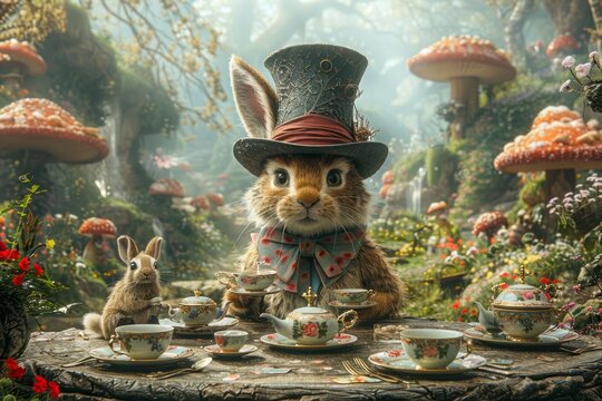 Mad Hatter, March Hare, and Dormouse hosting a tea party at their eccentric table, with cups and saucers suspended mid-air, capturing the whimsy and surrealism of the scene.