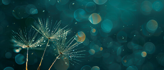 Beautiful banner with glistening dew on dandelion seeds against a Teal bokeh background. Generative AI