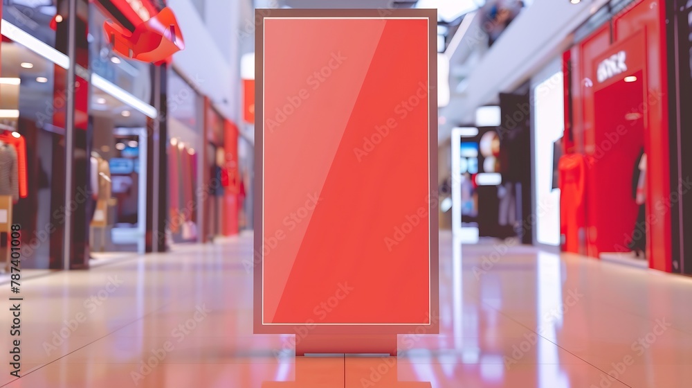 Poster red blank sign inside shopping mall mock up advertise display frame setting over the clothes line in