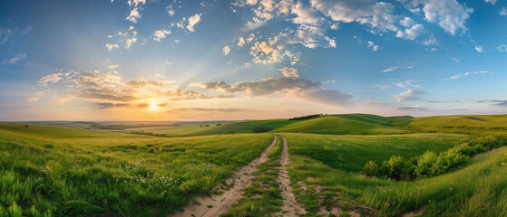 Naklejka na ściany i meble Panorama with lush green hills with winding dirt road at sunset. Generative AI