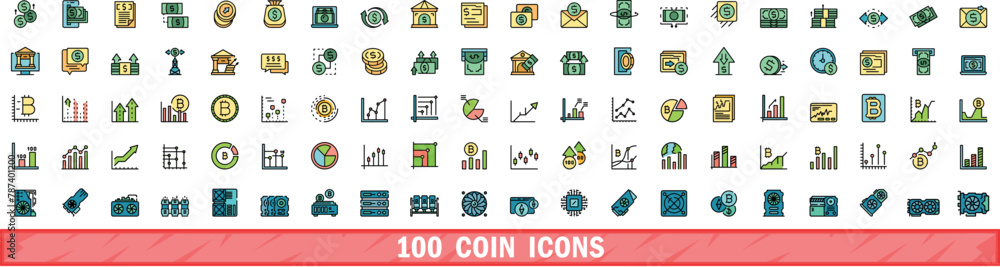 Poster 100 coin icons set. color line set of coin vector icons thin line color flat on white