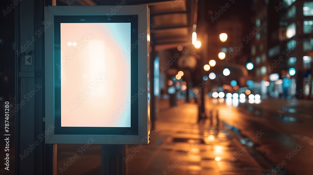 Poster mock up of blank white vertical light box on a bus stop in a city at night : generative ai