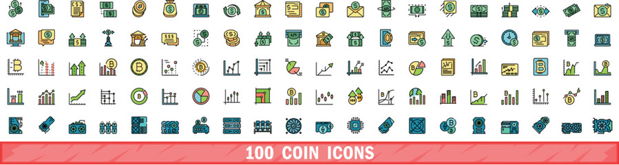 100 coin icons set. Color line set of coin vector icons thin line color flat on white