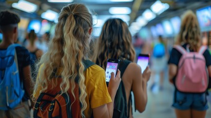 Group of teenage girls and boys holding mobile phones watching video, chatting, communication online. Technology addiction, social media concept. Gen Alpha kids. Generative ai