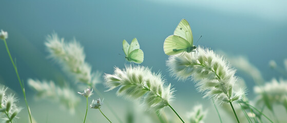 Banner with spring meadow with delicate butterflies. Generative AI - obrazy, fototapety, plakaty