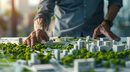 Man modeling sustainable green city concept with eco friendly white buildings and small trees from paper, representing urban planning and environmental conservation. Generative ai
