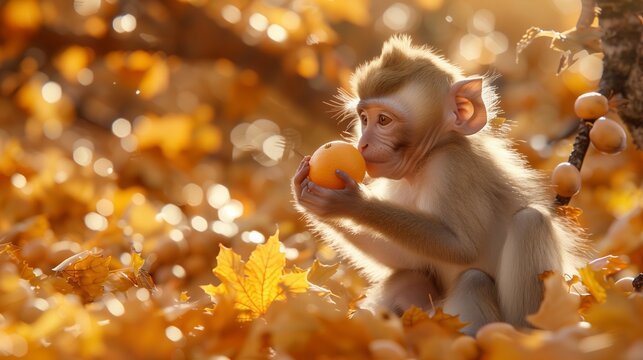 Baby monkey enjoying an orange among leaves in nature