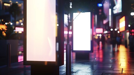 Mock up of two vertical lightboxes in city space at night : Generative AI - obrazy, fototapety, plakaty