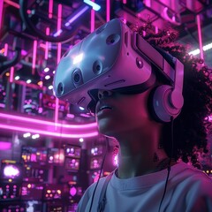 A woman wearing a virtual reality headset is looking at a computer screen