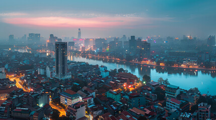 Panorama view of Hanoi city in blue hour 