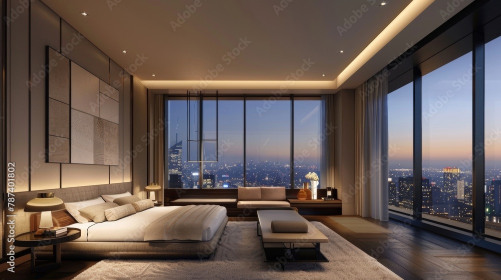 Poster the second image displays a modern and sleek bedroom with floortoceiling smart glass windows. the wi