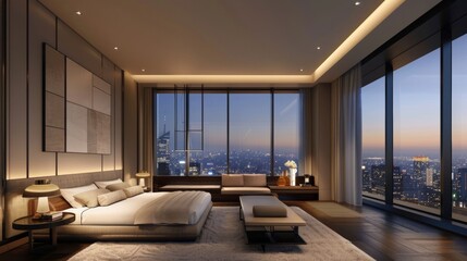 Fototapeta premium The second image displays a modern and sleek bedroom with floortoceiling smart glass windows. The windows are set to opacity allowing natural light to flood the room while providing .
