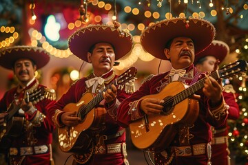 Mariachi Band Members In Sombrero Suits, Holding Guitar, Cinco de Mayo