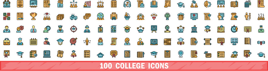 100 college icons set. Color line set of college vector icons thin line color flat on white - obrazy, fototapety, plakaty