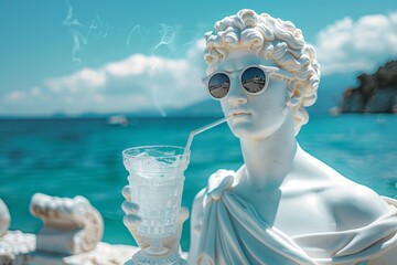 Statue with Sunglasses Sipping a Drink by the Sea