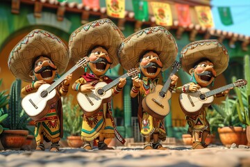 Mariachi Band Members In Sombrero Suits, Holding Guitar, Cinco de Mayo