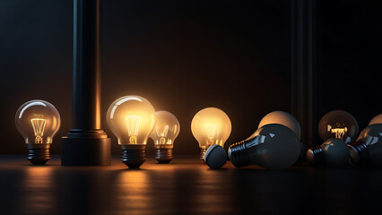 One Lightbulb glowing among shutdown light bulb in dark area with copy space, problem solving solution and outstanding concept by 3d render, black - obrazy, fototapety, plakaty