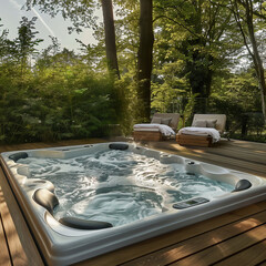 Hot tub in a wooden terrace on a sunny day