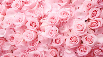 Background of fresh pink roses with delicate petals. Full frame. Top view of rose flowers. Studio shot of flowers.
