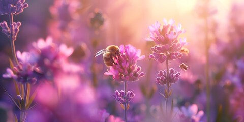 A bumblebee collects nectar from vibrant purple lavender flowers bathed in the golden light of the sun - obrazy, fototapety, plakaty