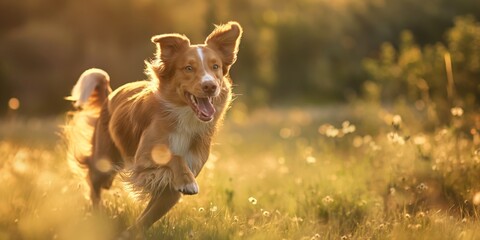 Energetic dog joyfully runs across a sunlit field, embodying freedom and happiness in this captivating image - obrazy, fototapety, plakaty