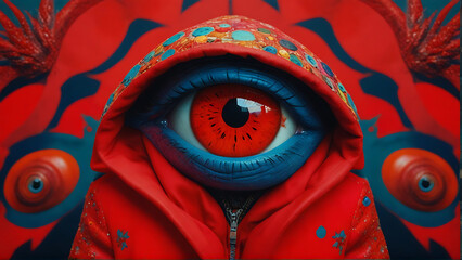 A creature in colorful red jacket headed with giant eye over black background. No emotions and feelings. Contemporary art collage, abstract