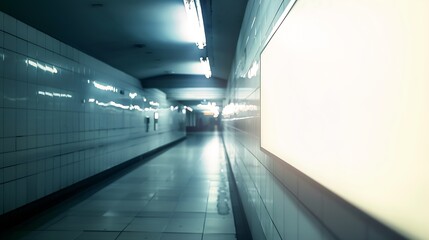 Fototapeta premium Indoor outdoor city light mall shop template Blank billboard mock up in a subway station underground interior Urban light box inside advertisement metro airport horizonatal : Generative AI