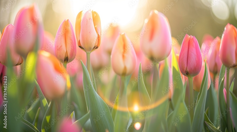 Sticker vibrant tulip field basking in golden sunset light