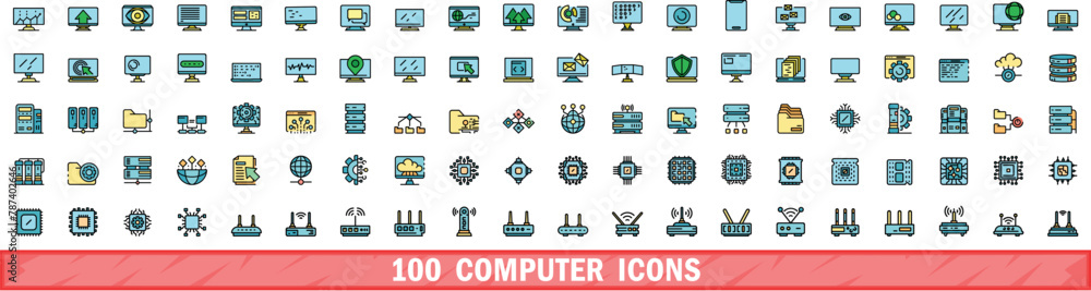 Poster 100 computer icons set. color line set of computer vector icons thin line color flat on white