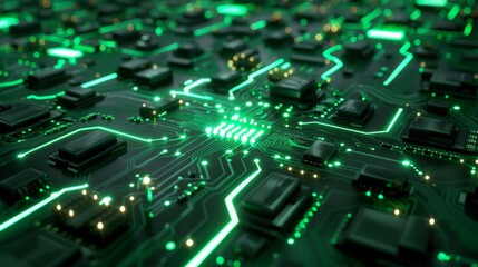 A circuit board with highlighted pathways glowing green, representing the secure flow of information within a technological system. 