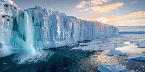 waterfall flowing from the edge of a melting ice shelf, climate change concept