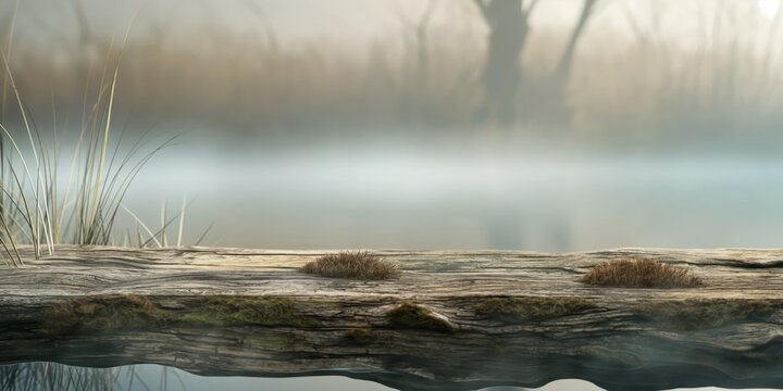 Serene waters mirror a misty forest scene creating a peaceful and mysterious atmosphere on this image