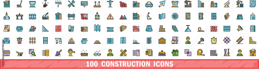 Poster 100 construction icons set. color line set of construction vector icons thin line color flat on whit
