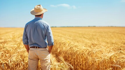 farmer standing amidst a golden wheat field, gazing at the expansive landscape under a clear sky. 