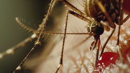 A close-up photo of a mosquito perched on human skin, with its proboscis extended ready to bite, and a droplet of blood visible.