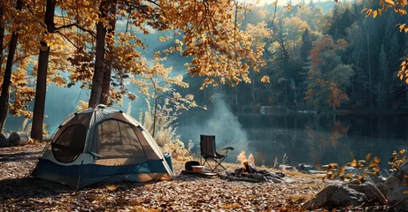 Fotobehang Camping tent, camping chair and fire in the forest near lake on autumn day copy space. AI generated illustration © 3D
