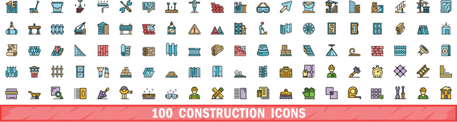 100 construction icons set. Color line set of construction vector icons thin line color flat on white