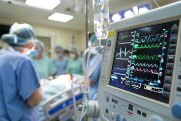 A surgical team focused on a procedure, with patient monitoring equipment in the background