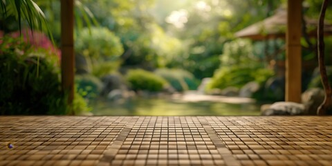 Inviting image of a serene zen garden pathway surrounded by lush greenery, evoking feelings of peace and calm - obrazy, fototapety, plakaty